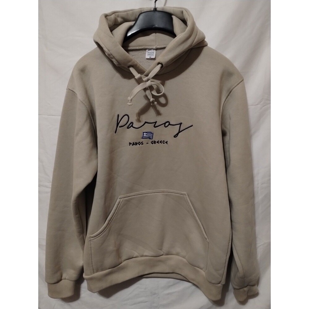 Mens Beige Paros Greece Graphic Print Embroidered Pullover Hoodie Pockets Sz M